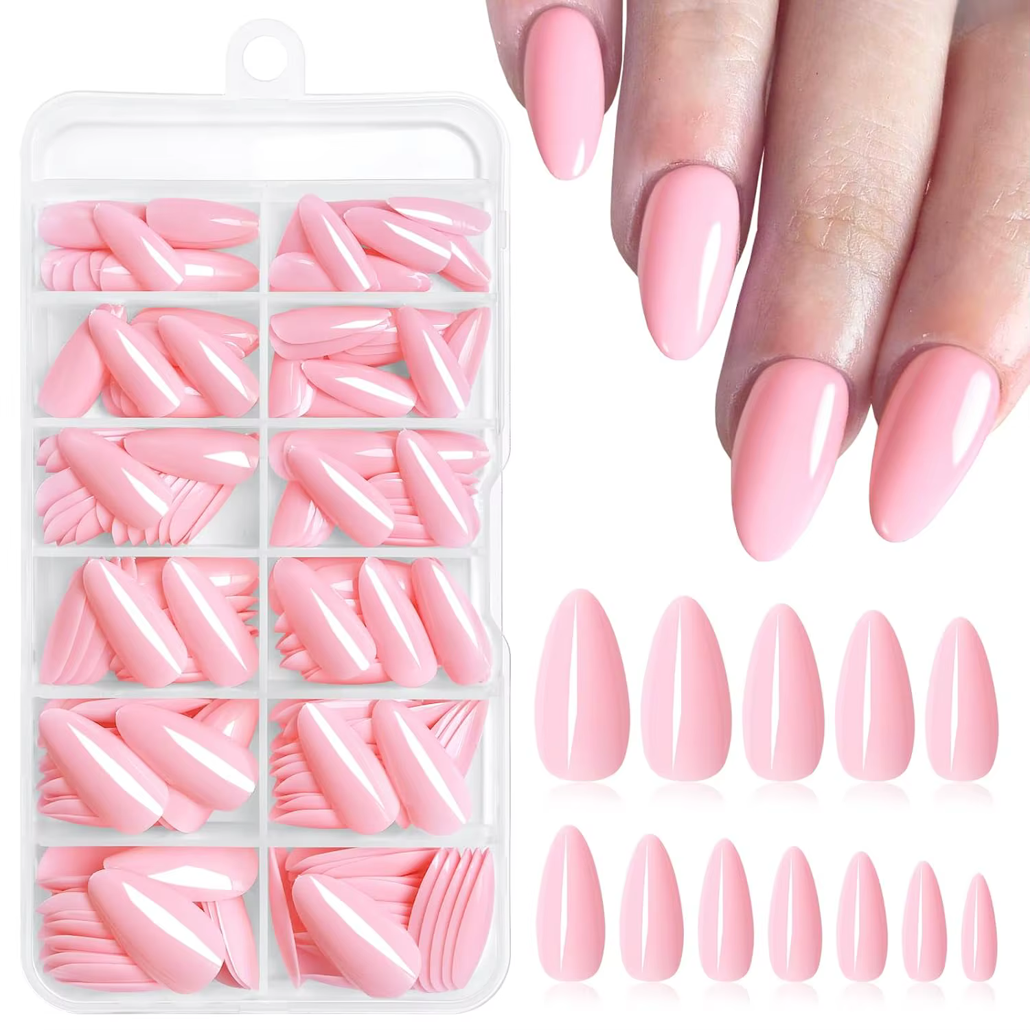 120 pièces/boîte, faux ongles en amande de couleur rose moyen, brillants, en forme d'amande, adaptés
