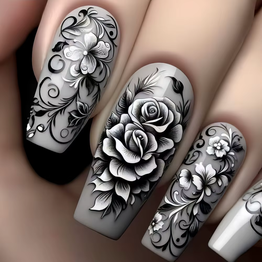 Fleur violette presse sur ongles 24 pièces amande/café portable faux ongles fleur imprimé femme bric