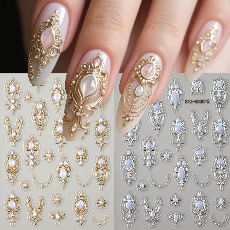 Autocollants de luxe en relief pour ongles, Style Baroque doré argenté, Y2K, motif métallique rétro 