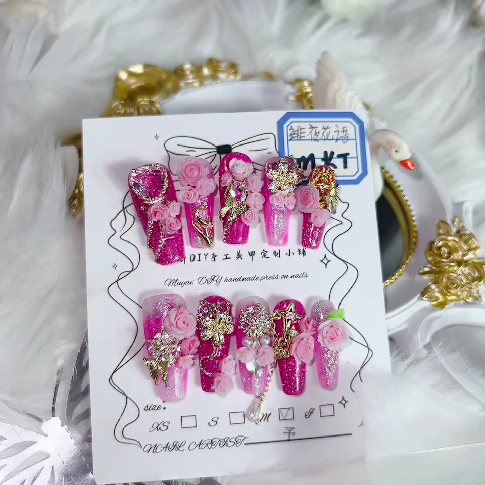 Presse sur les ongles fait à la main rose ombré 3D or Rose accentué superbe Design faux ongles ensem