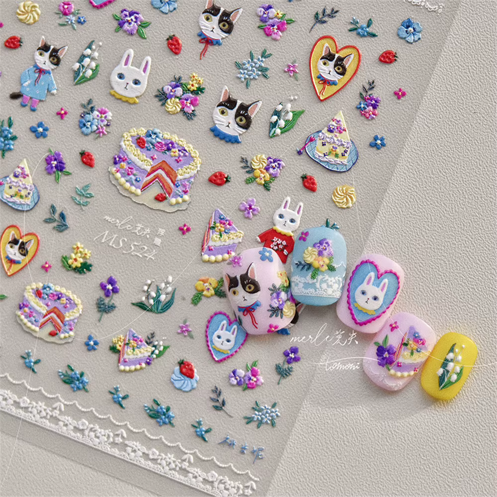 Autocollants 5D chat Kawaii pour Nail Art, 1 pièce, Relief, dessin animé japonais, gâteau rétro, ani
