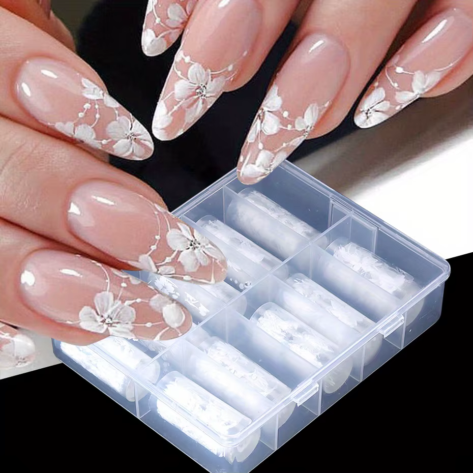Feuilles autocollantes de transfert d'ongles, 10 rouleaux de pétales de fleurs blanches élégantes, p