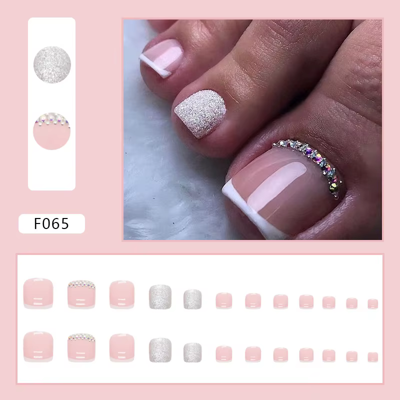 24 faux ongles de pieds avec colle, style français simple, à presser, avec paillettes et strass, pas
