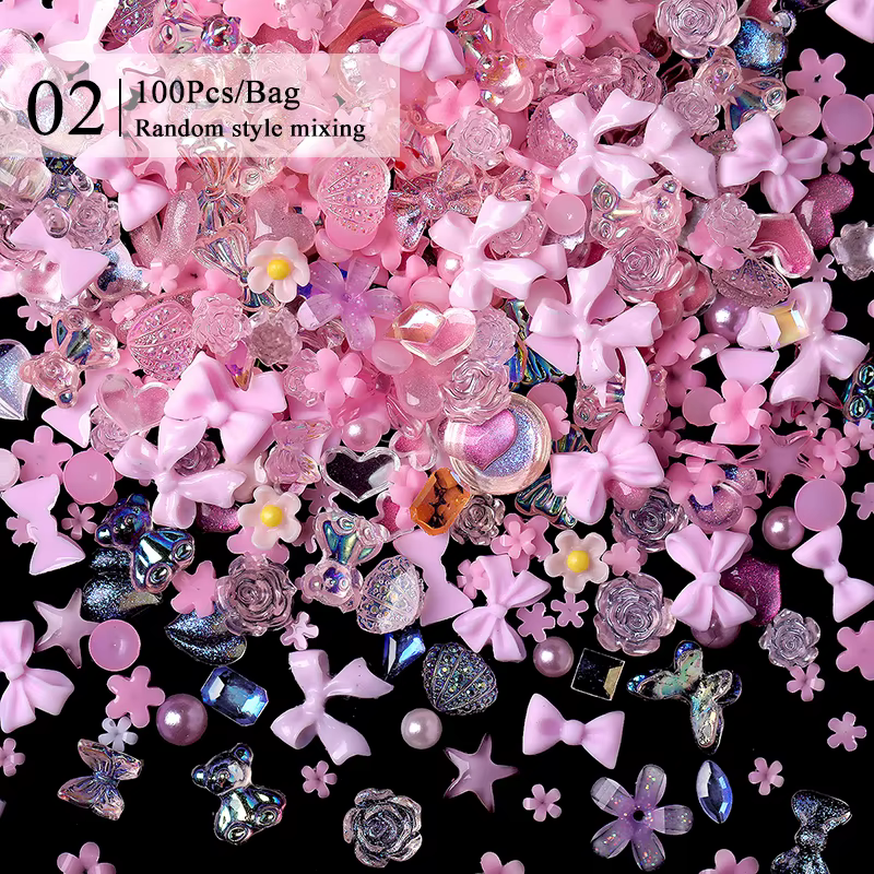 Mélange de ruban transparent en gelée colorée, 1 sac, breloques pour ongles, cœur, perles, fleur, pi