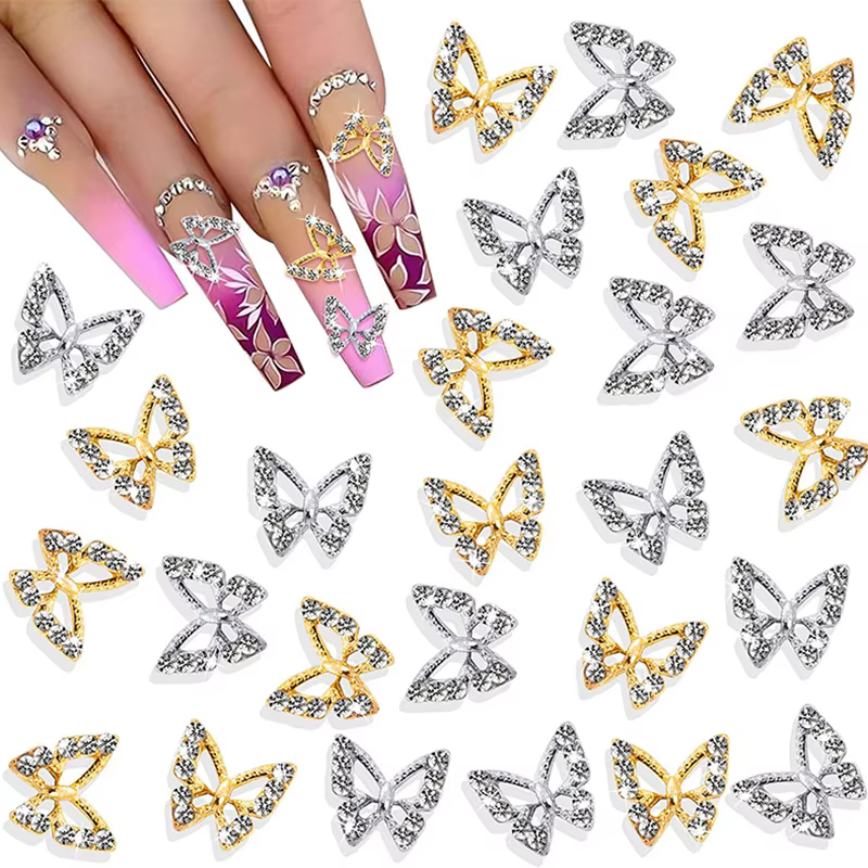Breloques papillon en cristal 3D pour ongles, forme creuse avec biscuits pour décorations d'art d'on