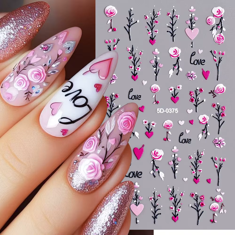 Autocollants 5D en relief pour les ongles, décalcomanies simples pour dames, feuilles décoratives de