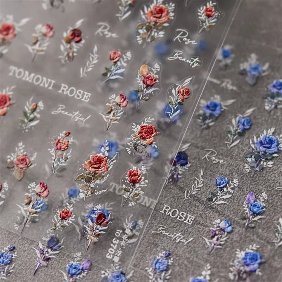 Autocollants pour ongles japonais Vintage, fleur de Rose rouge et bleue, Laser or argent, décalcoman