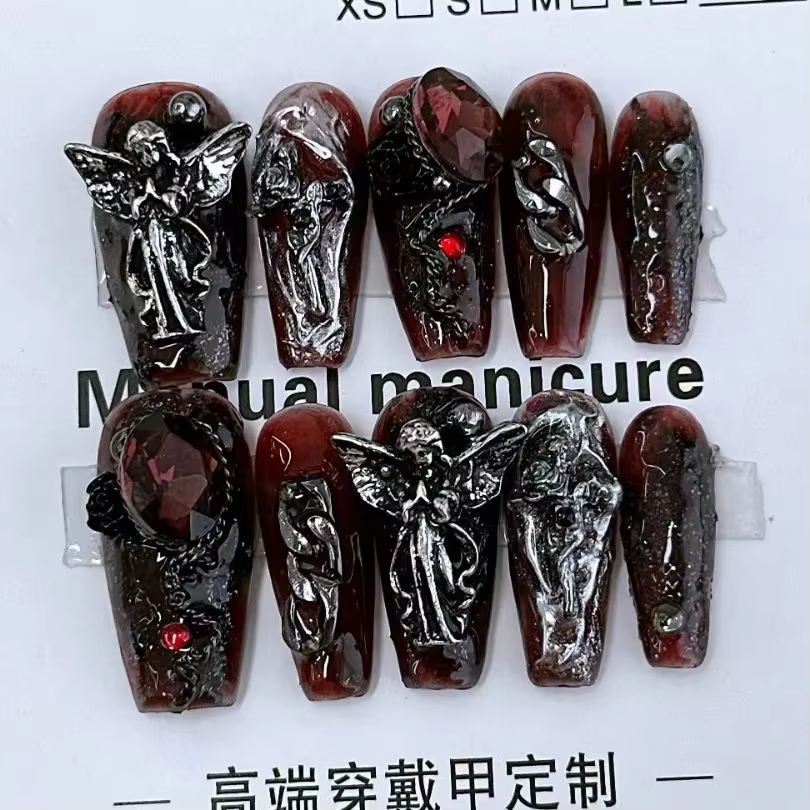 Faux ongles portables faits à la main, style sombre et tendance, motifs Star River Falls et Scarlet 