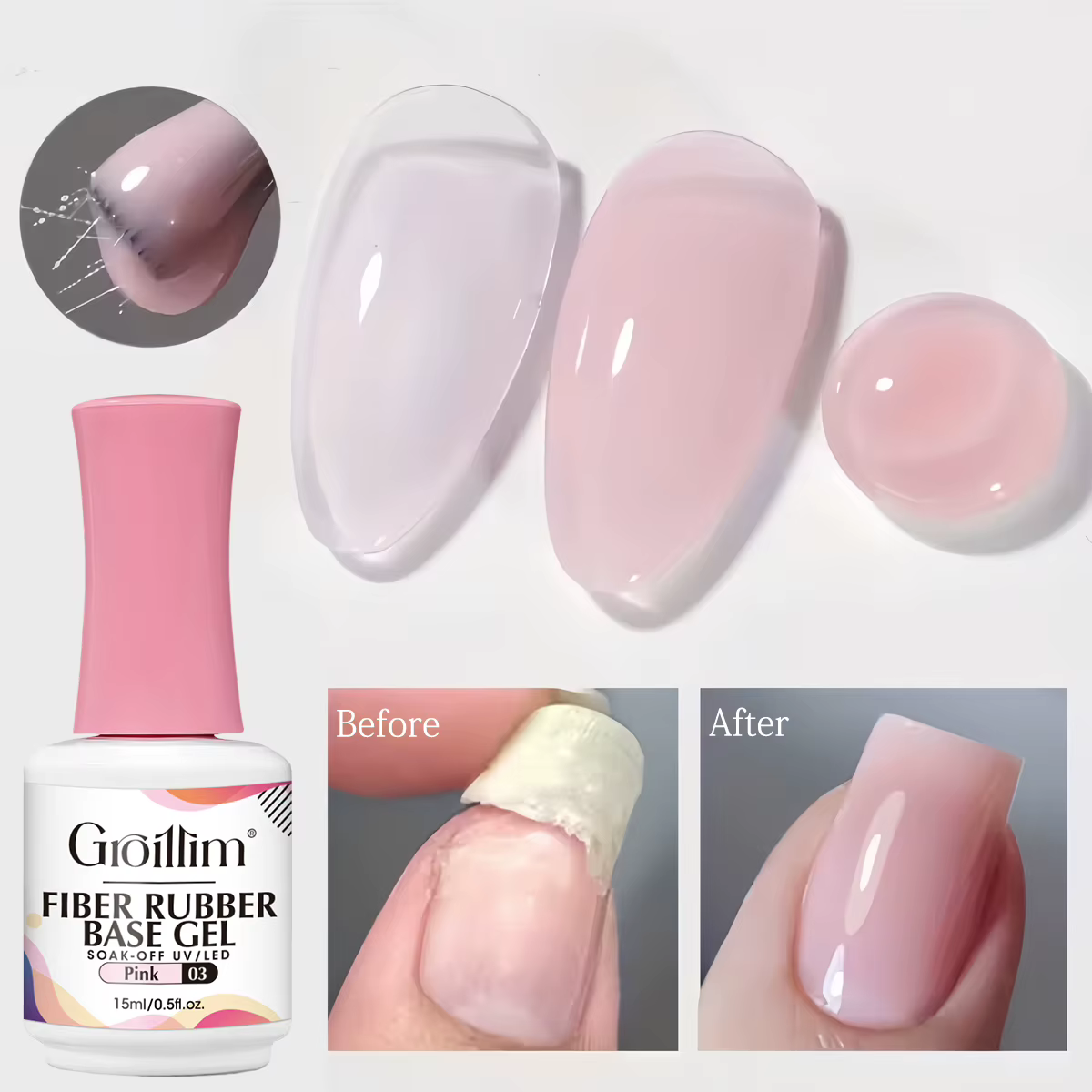 Gel de base en fibre hypoallergénique Groillim - Gel à ongles à séchage rapide, sans formaldéhyde, a