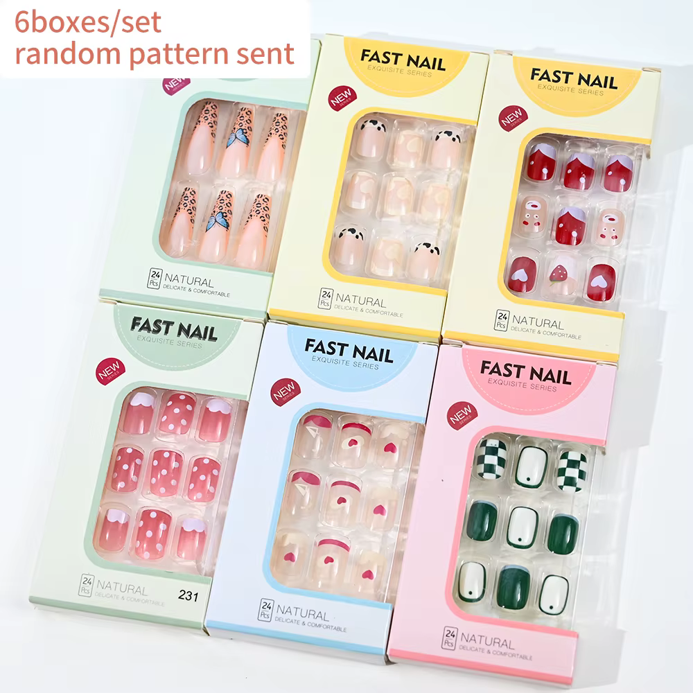 6 boîtes/ensemble court carré faux ongles amour design presse sur ongles Style mixte motif aléatoire