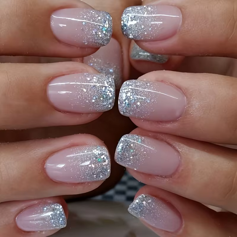 Faux ongles à paillettes pour femmes et filles, 24 pièces/ensemble, nickel é scintillant, rose, noir