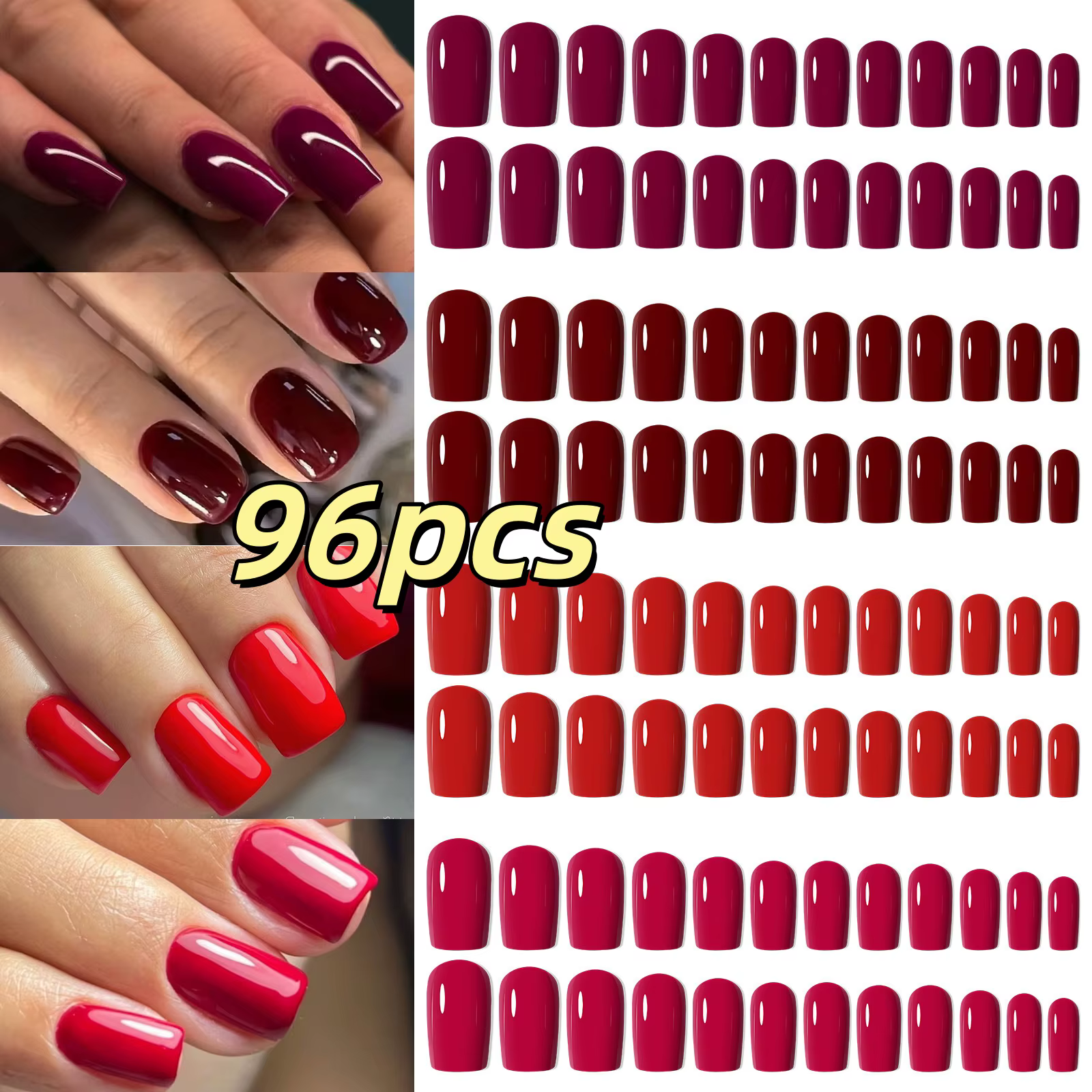 96 pièces rouge presse sur ongles moyen carré bordeaux cerise couleur unie faux ongles réutilisable 