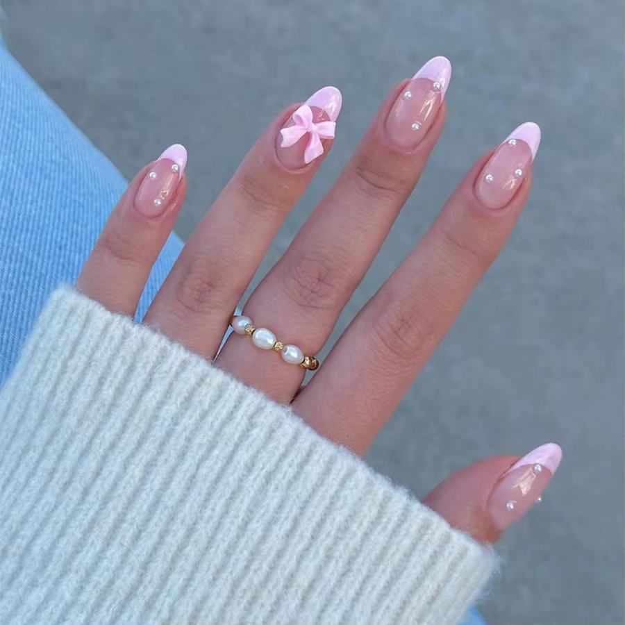 Faux ongles décoratifs avec nœud blanc, longs cercueil, pointes de Ballet, couverture complète détac