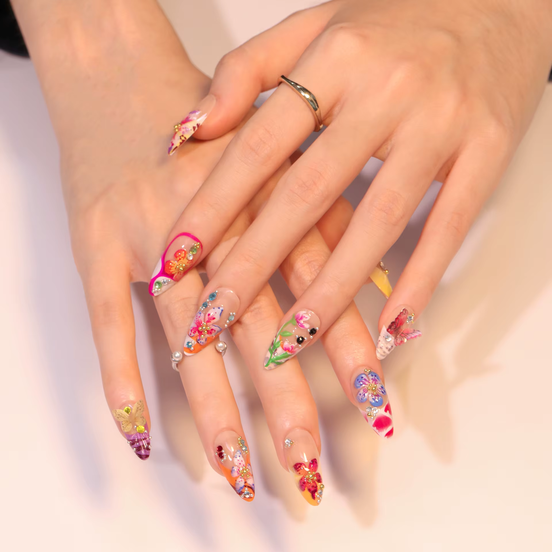 24 pièces fleur tropicale presse sur ongles coloré français 3D cristal papillon coquilles motif impr