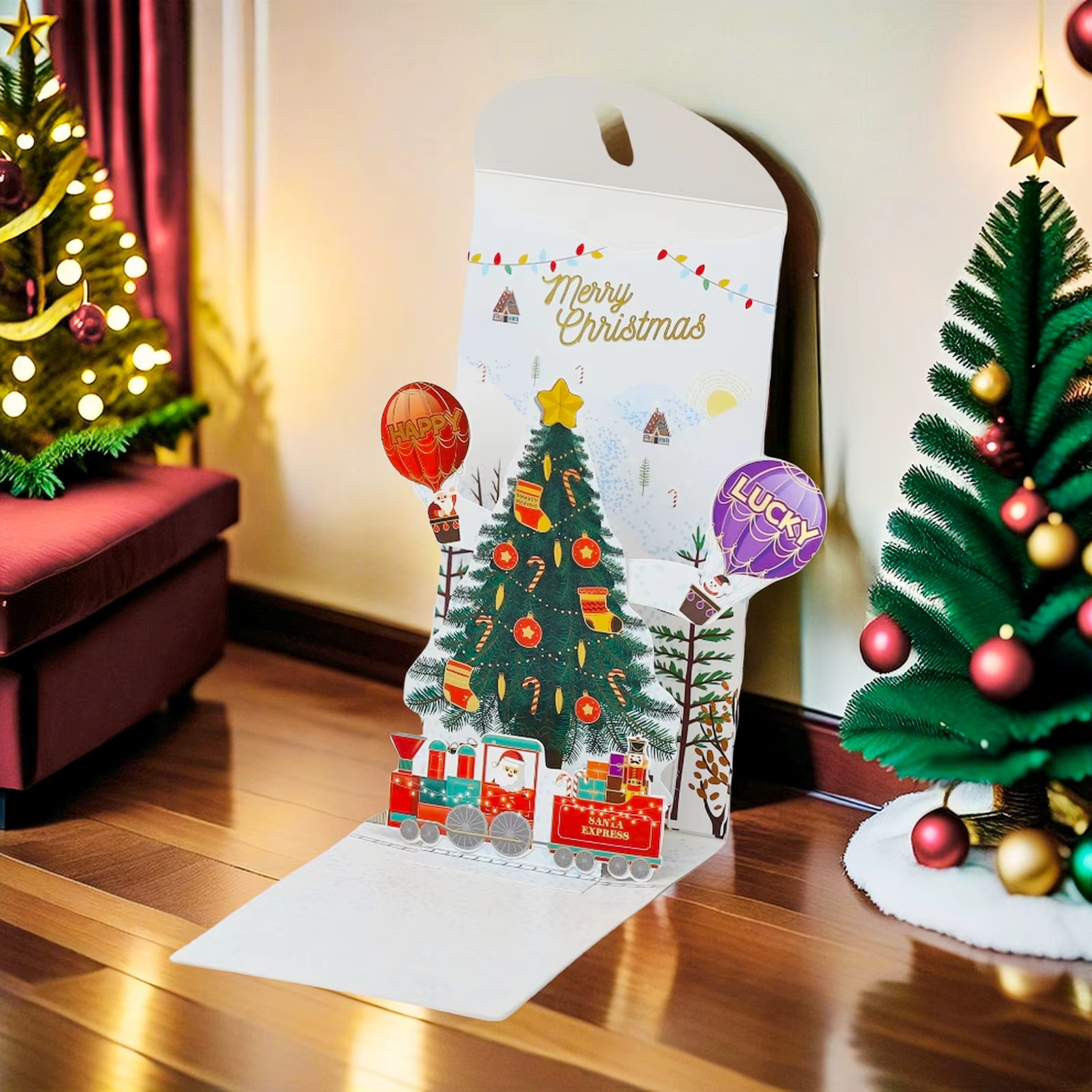 Conception originale d'enveloppes rouges de Noël stéréoscopiques 3D et cartes de vœux du jour de Noë