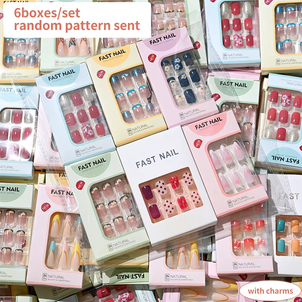 6 boîtes/ensemble court carré faux ongles amour design presse sur ongles Style mixte motif aléatoire