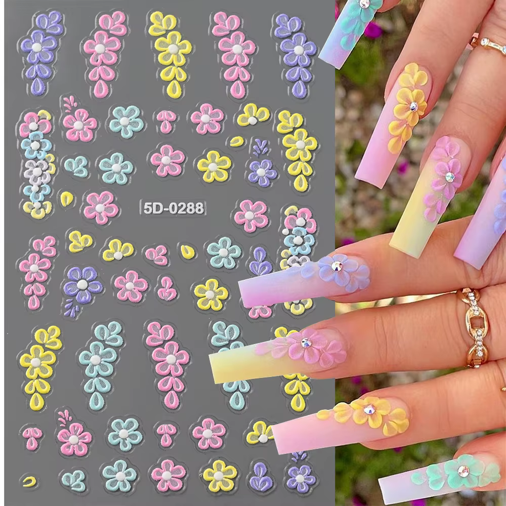 Autocollants 5D pour ongles, motifs floraux roses et bleus, pétales, feuilles, plantes en relief, dé