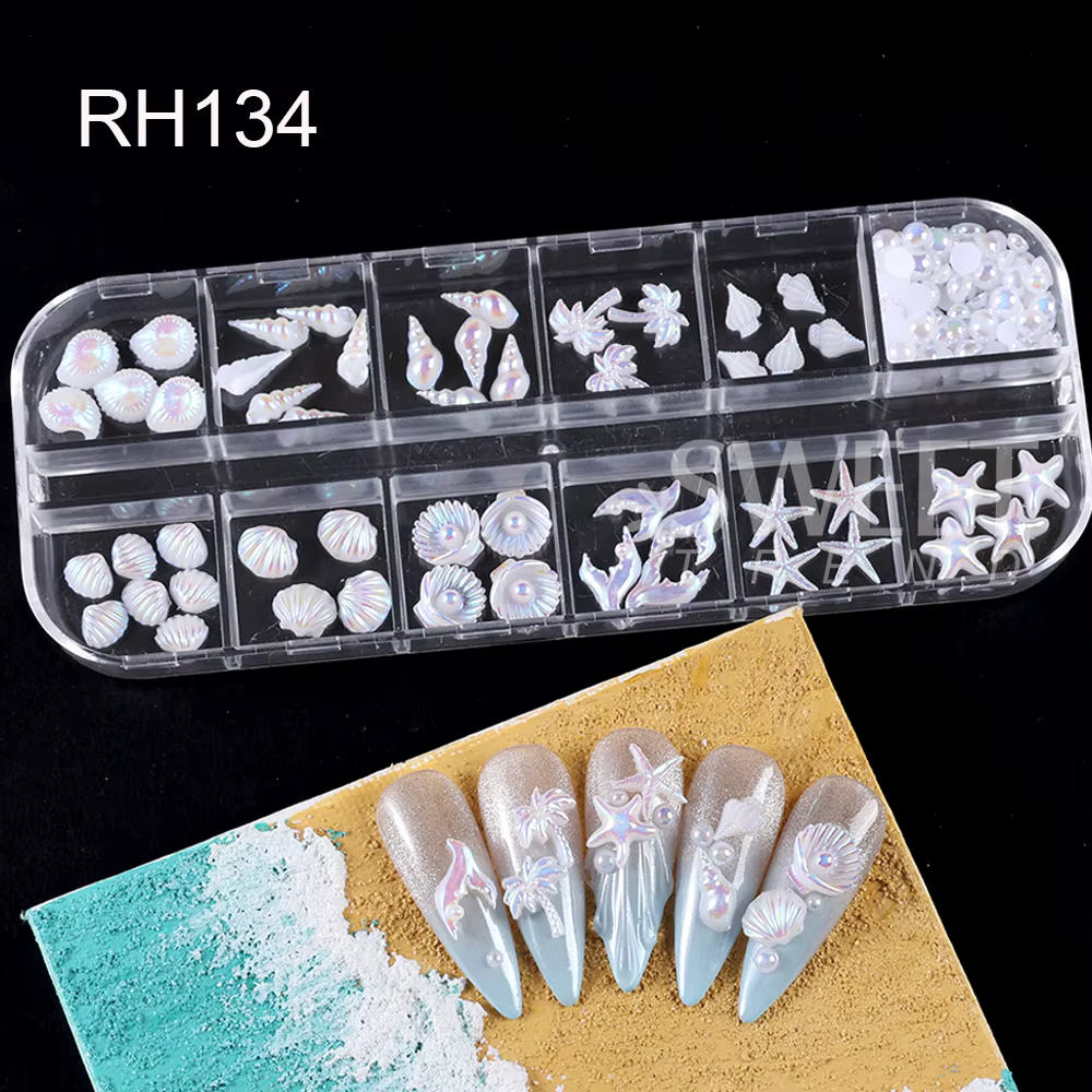 SWEET TREND - 12 compartiments de breloques 3D pour nail art sur le thème de l'océan : coquillages A