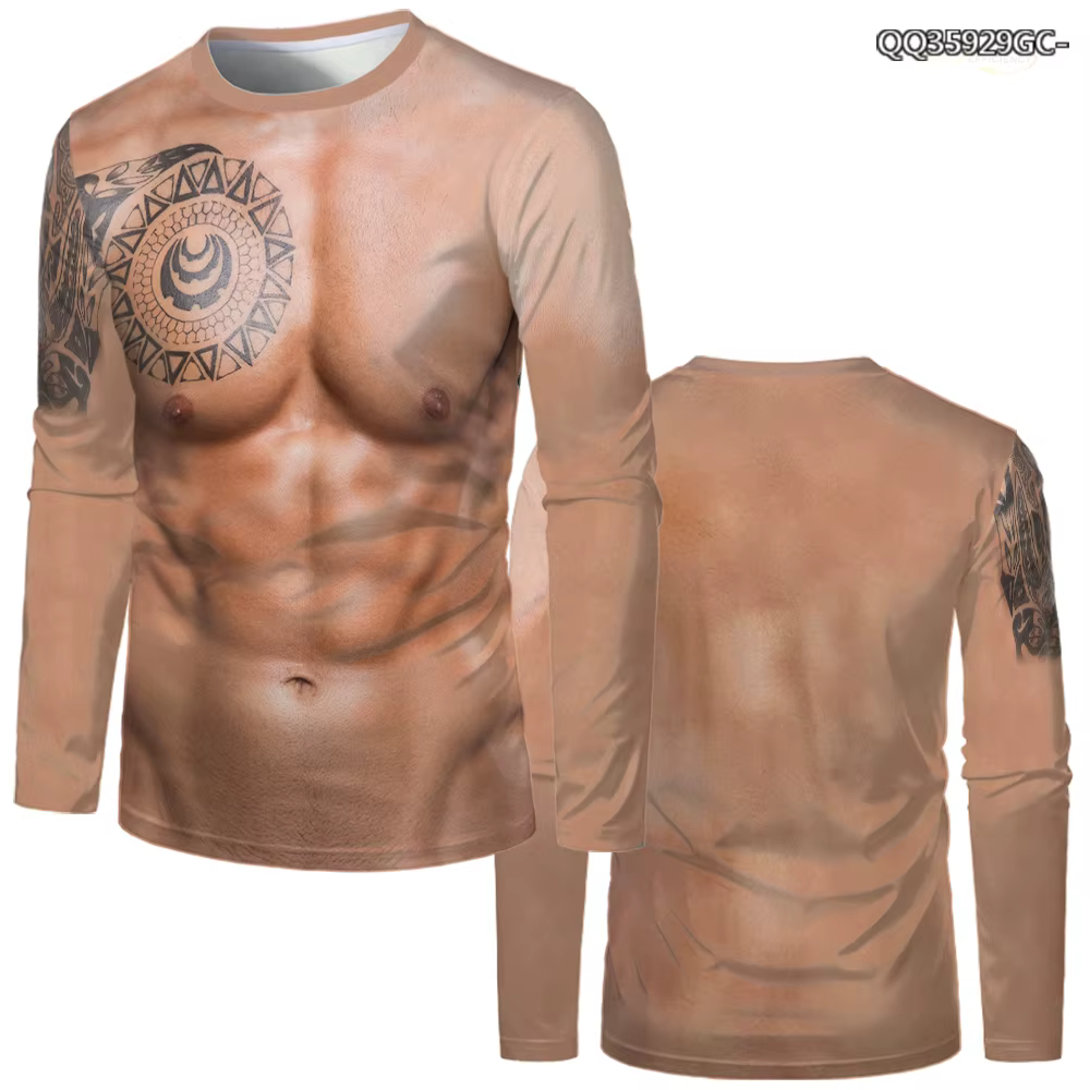 T-shirt à manches longues et col rond pour hommes et enfants, T-shirt décontracté, Faux muscle, Body