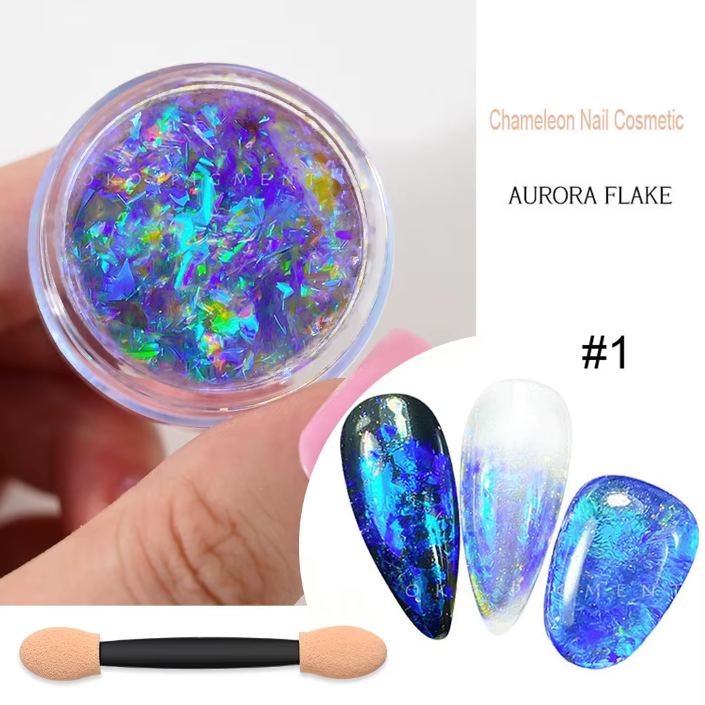 Poudre à ongles holographique, 1 boîte, démontrent, caméléon, opale, aurore, irisé, nuage, brocart, 