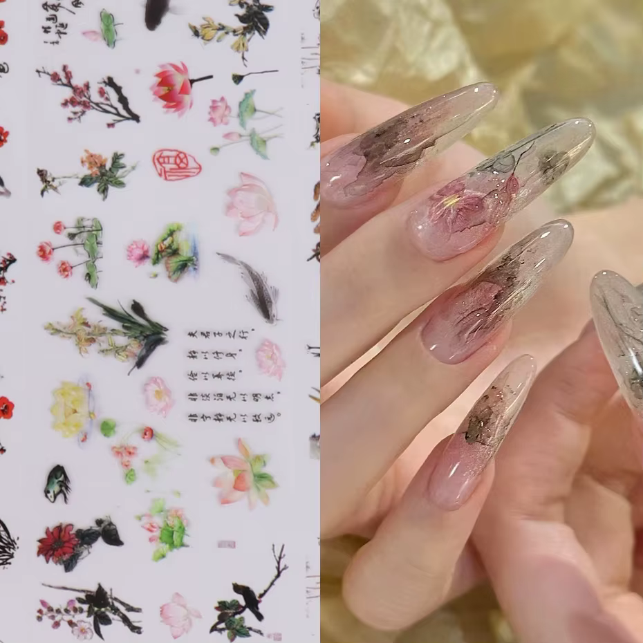 10 pièces feuilles à ongles caractère chinois grue bambou poisson fleur prune autocollant curseur tr