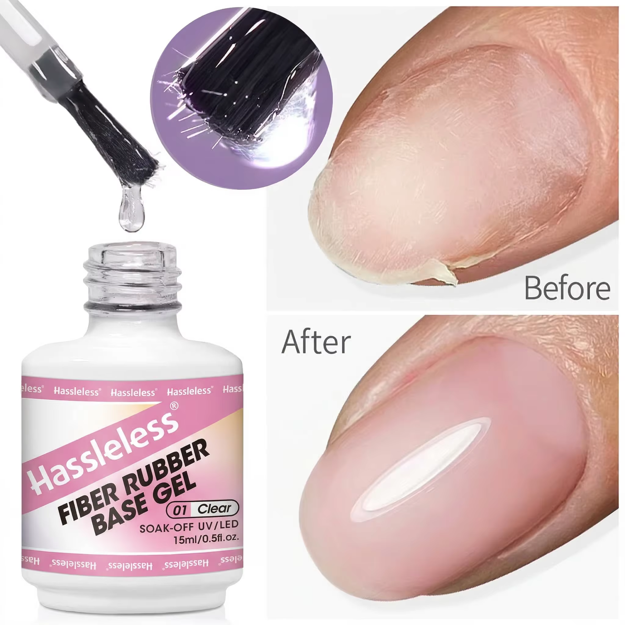 Gel de base en caoutchouc à fibres Hassleless 15 ml pour réparer les ongles cassés, renforcer les on