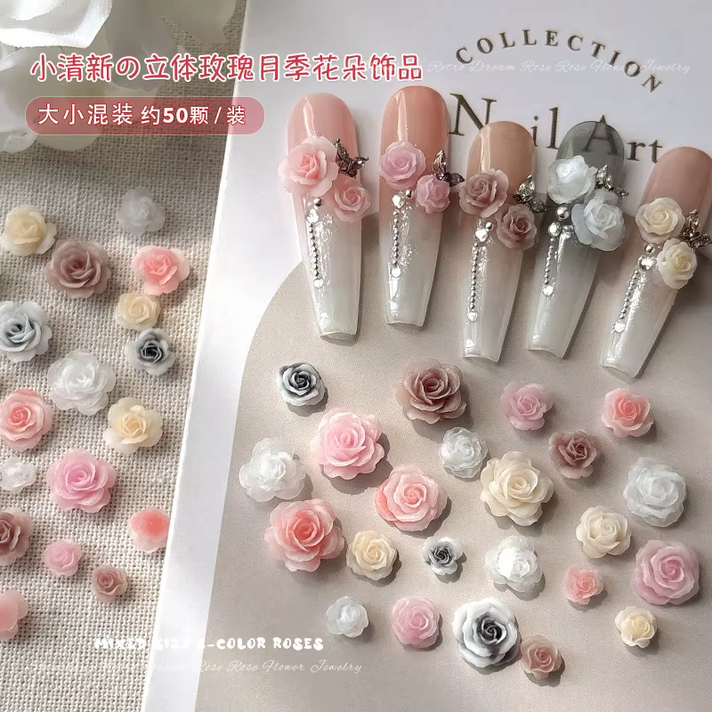 50 pièces 3D mélange de tailles belles fleurs de roses en fleurs résine adhésive Nail Art strass déc