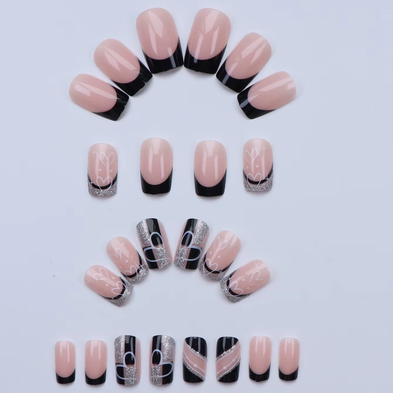 CuemployPusher-Faux ongles à paillettes argentées carrées noires, poignées amovibles et réutilisable