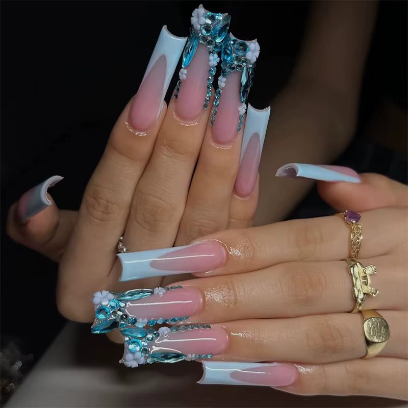24 pièces longue tête carrée française presse sur faux ongles 3D fleur bleue strass conception couve
