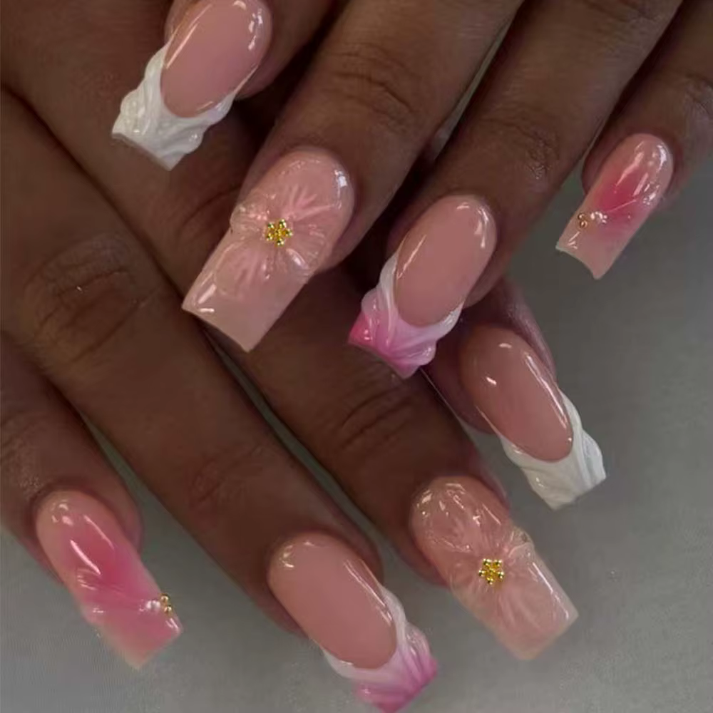 24 pièces Long carré 3D tridimensionnel Gelnail fait des ongles de fleur avec perle décorer concepti