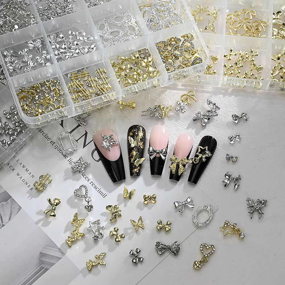 120 pièces/boîte 3D or arc papillon ongles breloques en métal brillant mignon noeud papillon/diamant