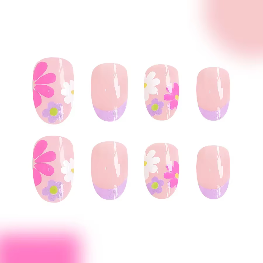 Faux ongles courts à pression en amande, 24 pièces, pointe française florale rose, brillants et élég