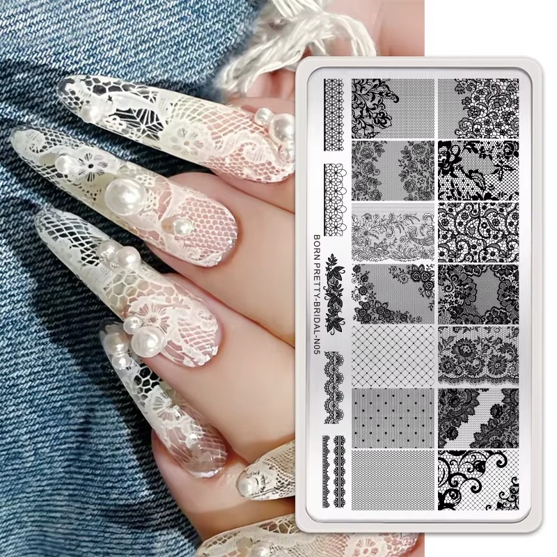 BORN PRETTY – modèles de Nail Art en dentelle pour mariée, feuilles de fleurs papillon, plaques d'es