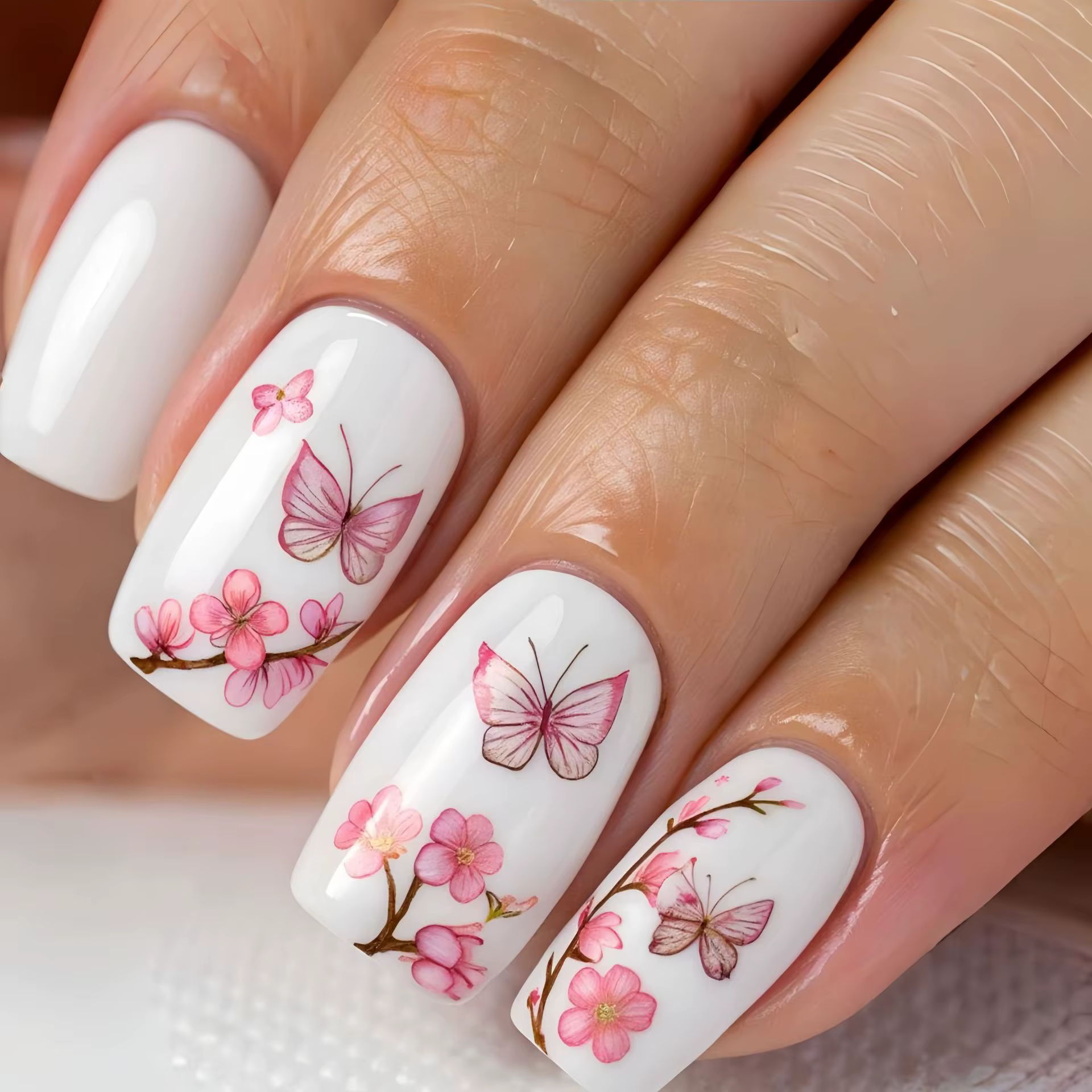 Faux ongles moyens pour femmes filles, fleurs roses, design papillon pour la saison printemps-été, p