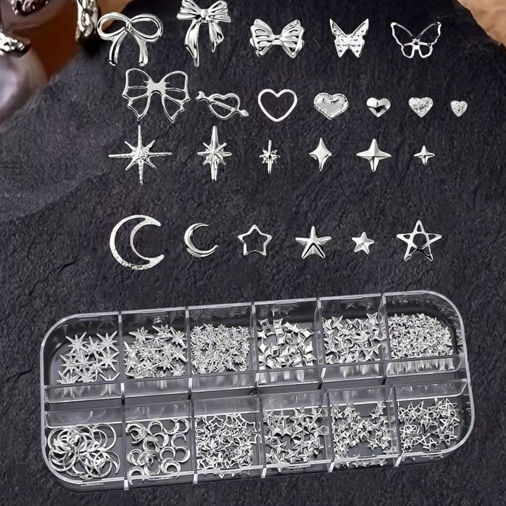 12 grilles de breloques et clous à ongles 3D argentés, motifs cœur, nœud, papillon, étoile, lune, st