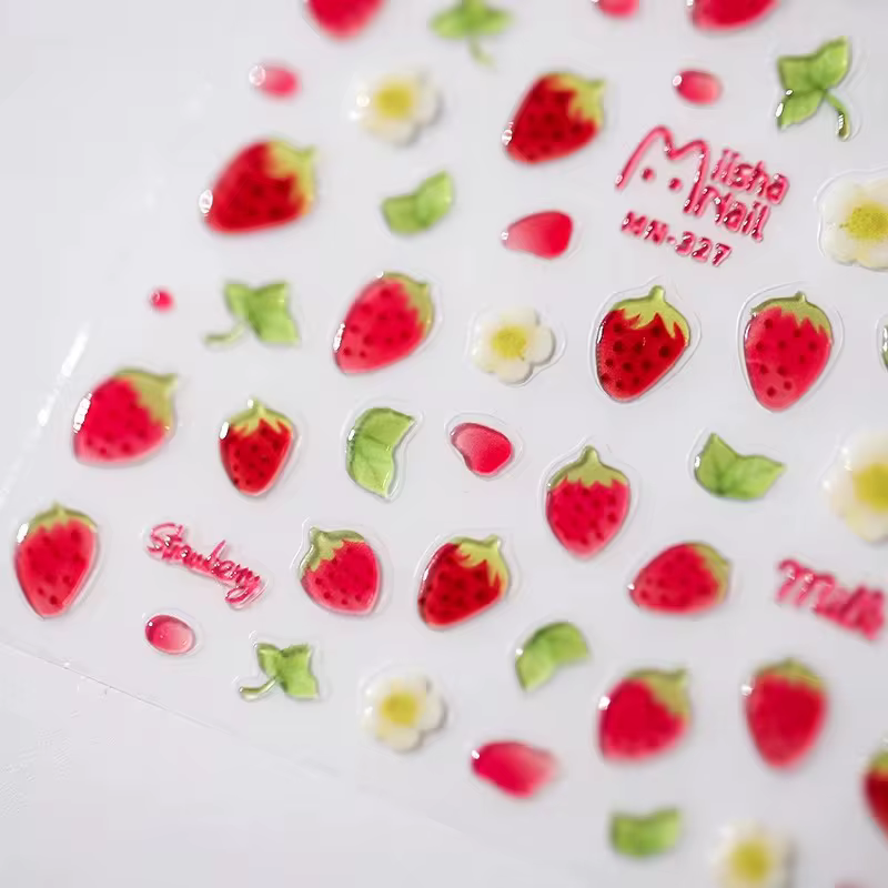1 pièces 5D Kawaii gelée fraise dessin animé curseur Adheisve Nail Art autocollants en relief ongles