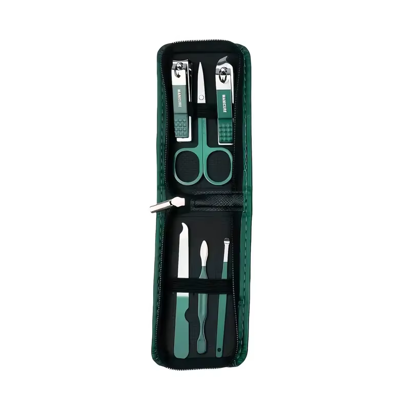 Ensemble de manucure vert 6-18 pièces avec étui en cuir, Kits d'outils professionnels de soins des p