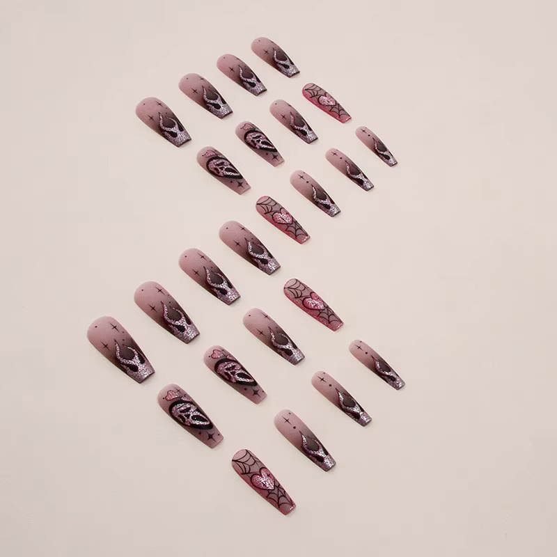 Faux ongles à paillettes roses, 24 pièces, Patch effrayant, crâne, amour, cœur, motif, ongles artifi