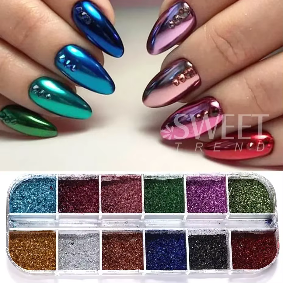 12 grilles automne hiver couleur foncé ongles paillettes Pigment miroir magique marron argent or fro