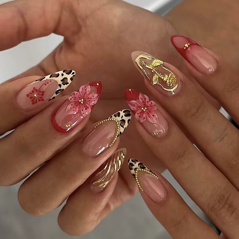 Faux ongles français imprimé léopard, 24 pièces, fleur 3D, Rose dorée, mi-longs, amande, couverture 