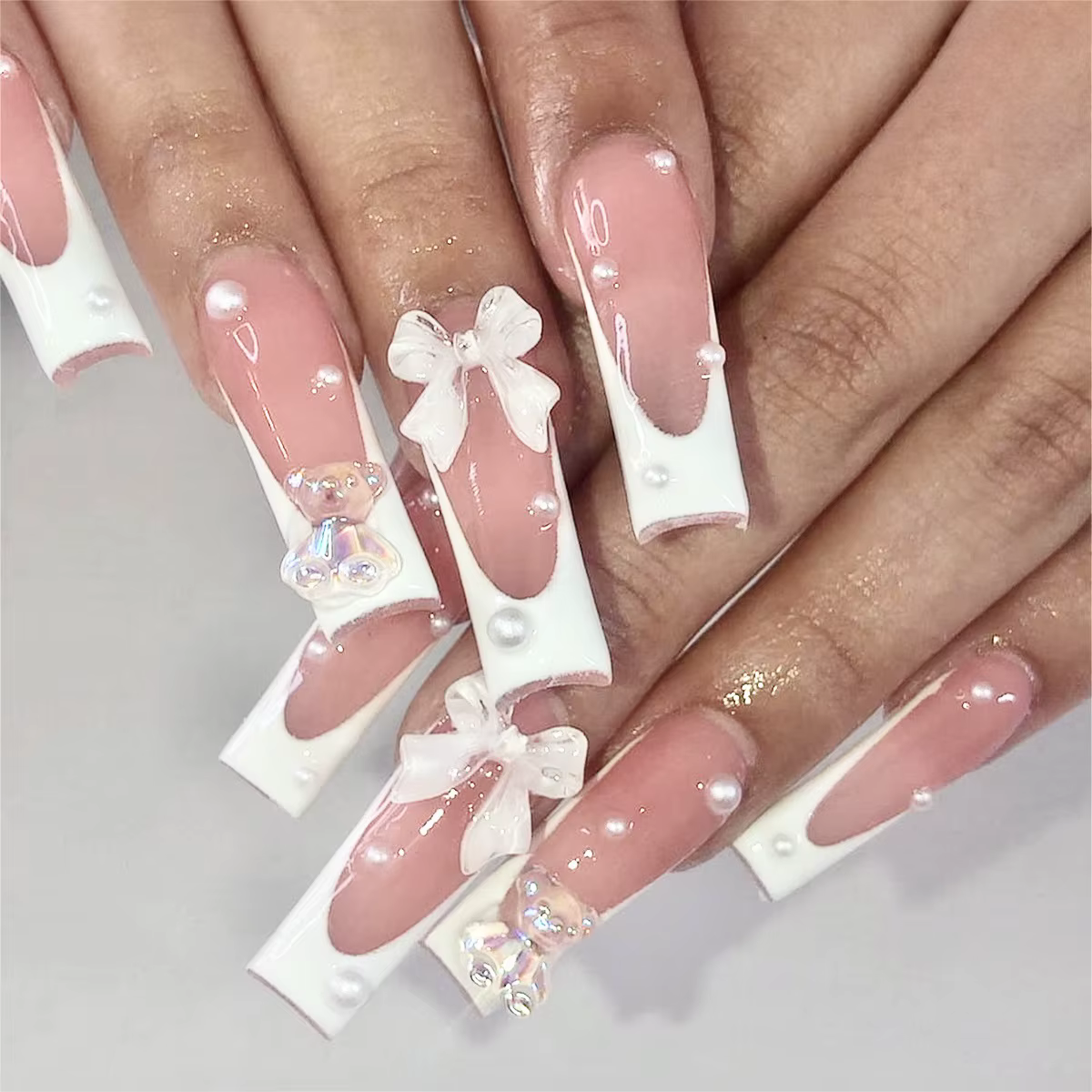 Nail French Pipe Stereo Bear Bow, Fake Pearl Manucure N64.