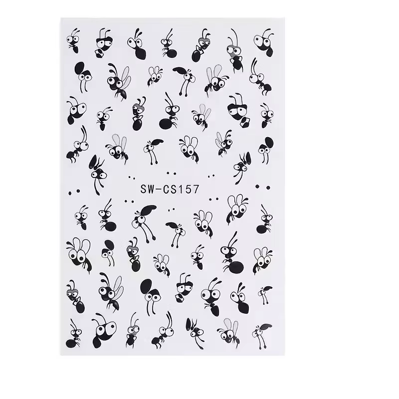 Autocollants pour ongles en forme de fourmi de dessin animé mignon, autocollants en résine auto-adhé
