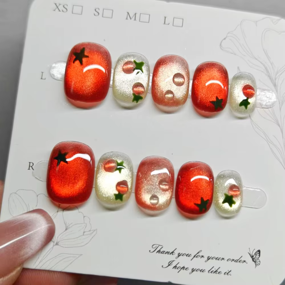 10 pièces ongles à pression courts ovales rouges festifs avec un design de tomate mignon finition br