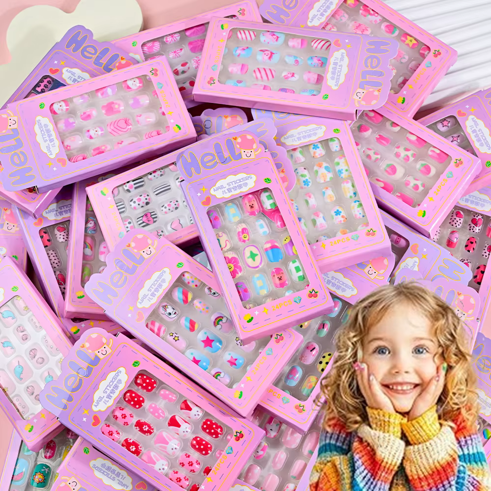 24 pièces/boîte enfants ongles pour fille dessin animé motif faux ongles mignon enfant faux ongles c