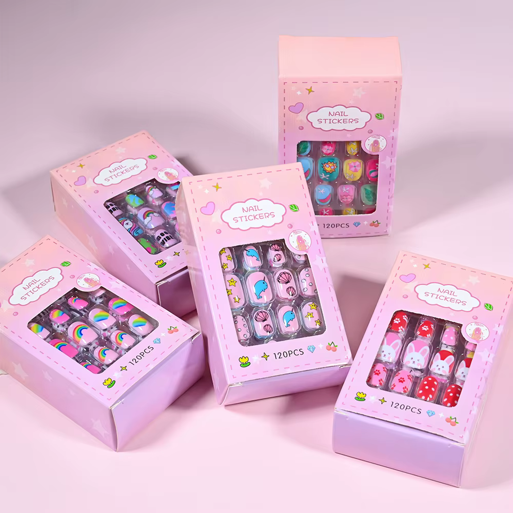 120 pièces/boîte rose dessin animé enfants presse sur ongles couleur bonbon licorne chat lapin enfan