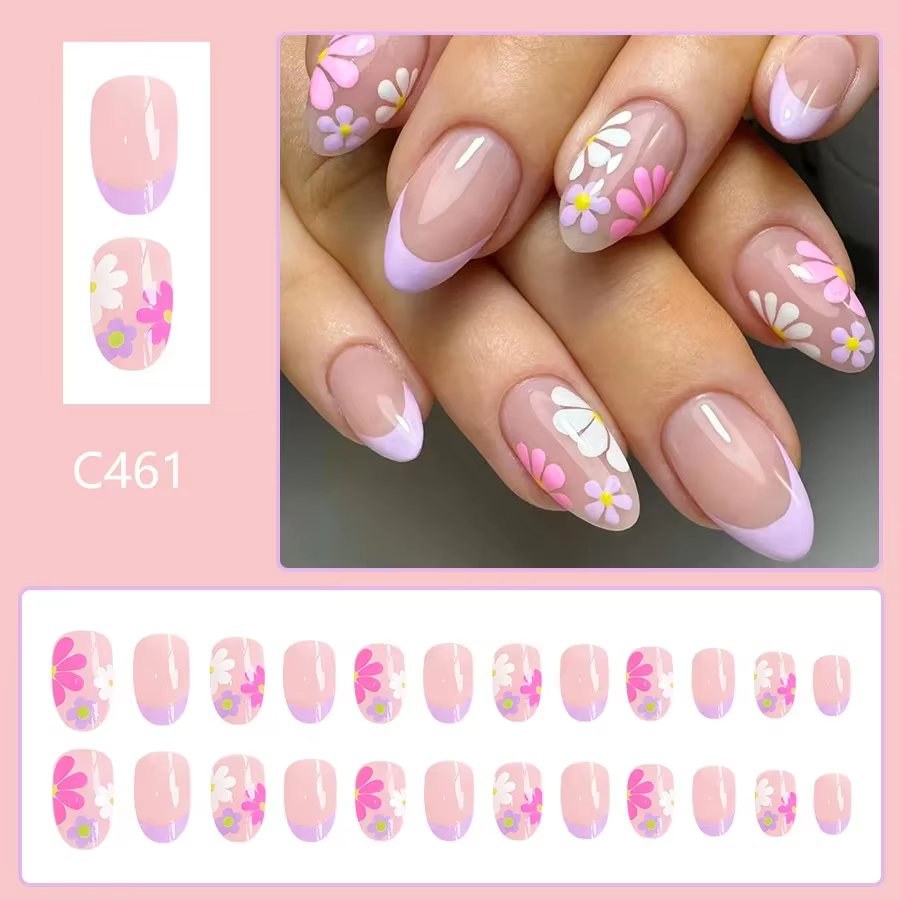 Faux ongles courts à pression en amande, 24 pièces, pointe française florale rose, brillants et élég