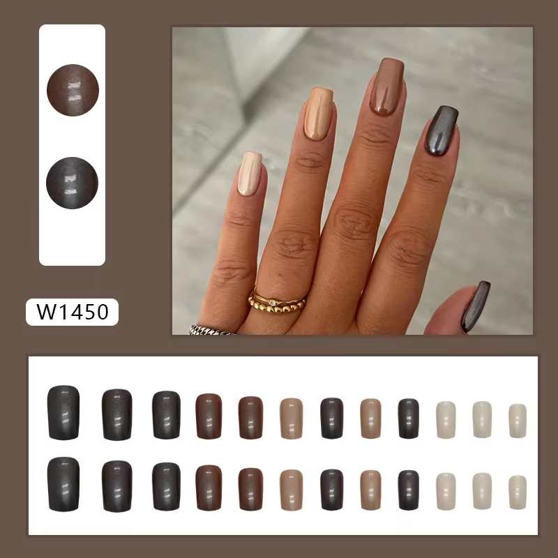 Brown Lake-Faux Ongles avec Gelée Autocollante, à Pression, Tête Ronde, Ovale, Couverture Complète,