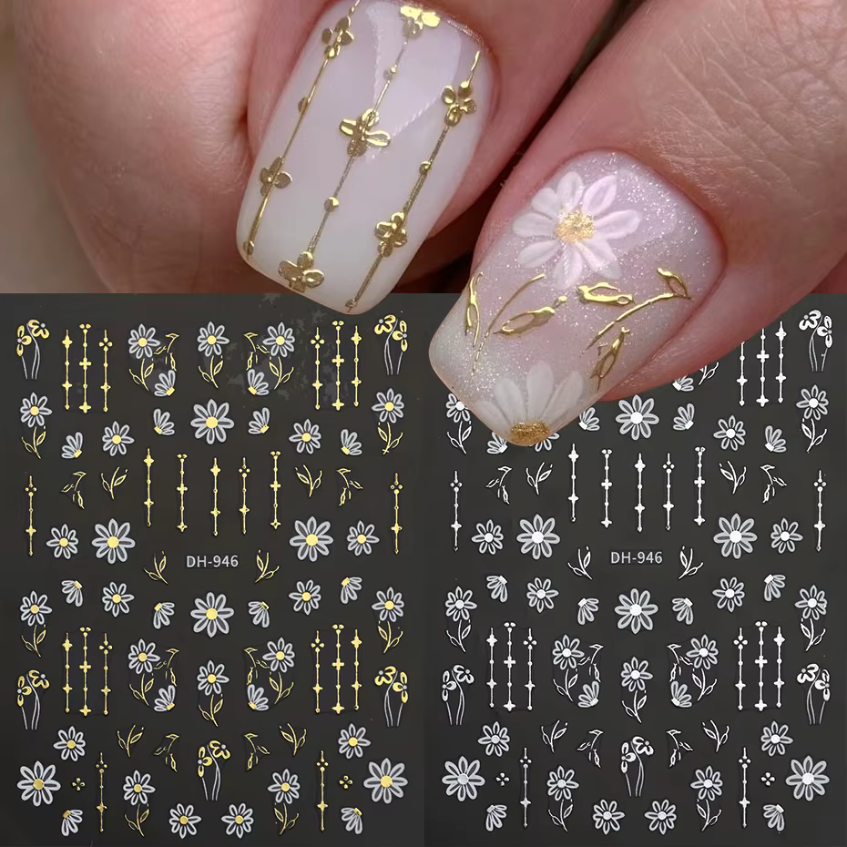 Autocollants pour Nail Art, fleurs de marguerite, or, argent, blanc, motifs floraux, décalcomanies p
