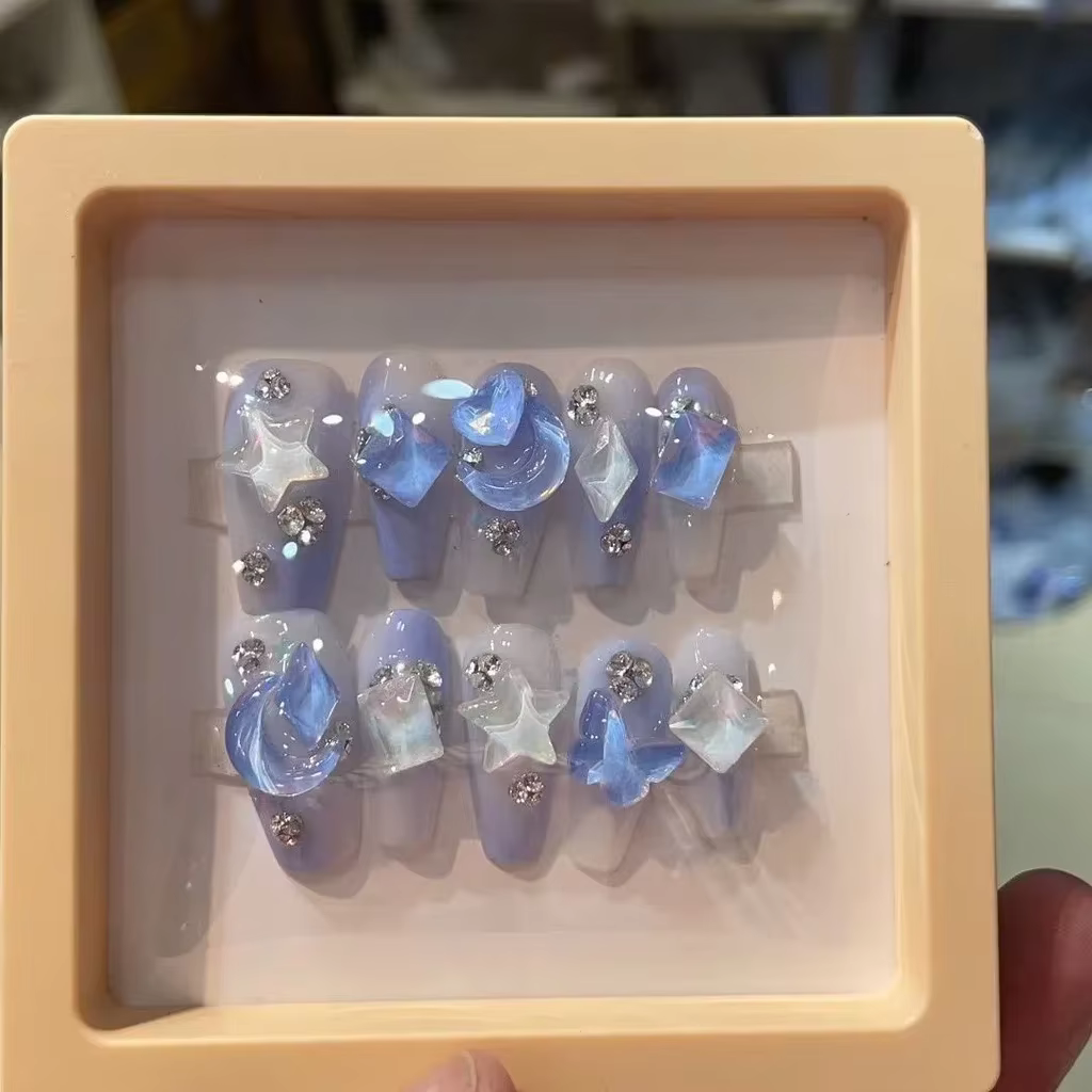 Halo Bleu Faux Ongles Star Lune Nail Patch Diamant Nail Art Fée Nail Fille Cadeau