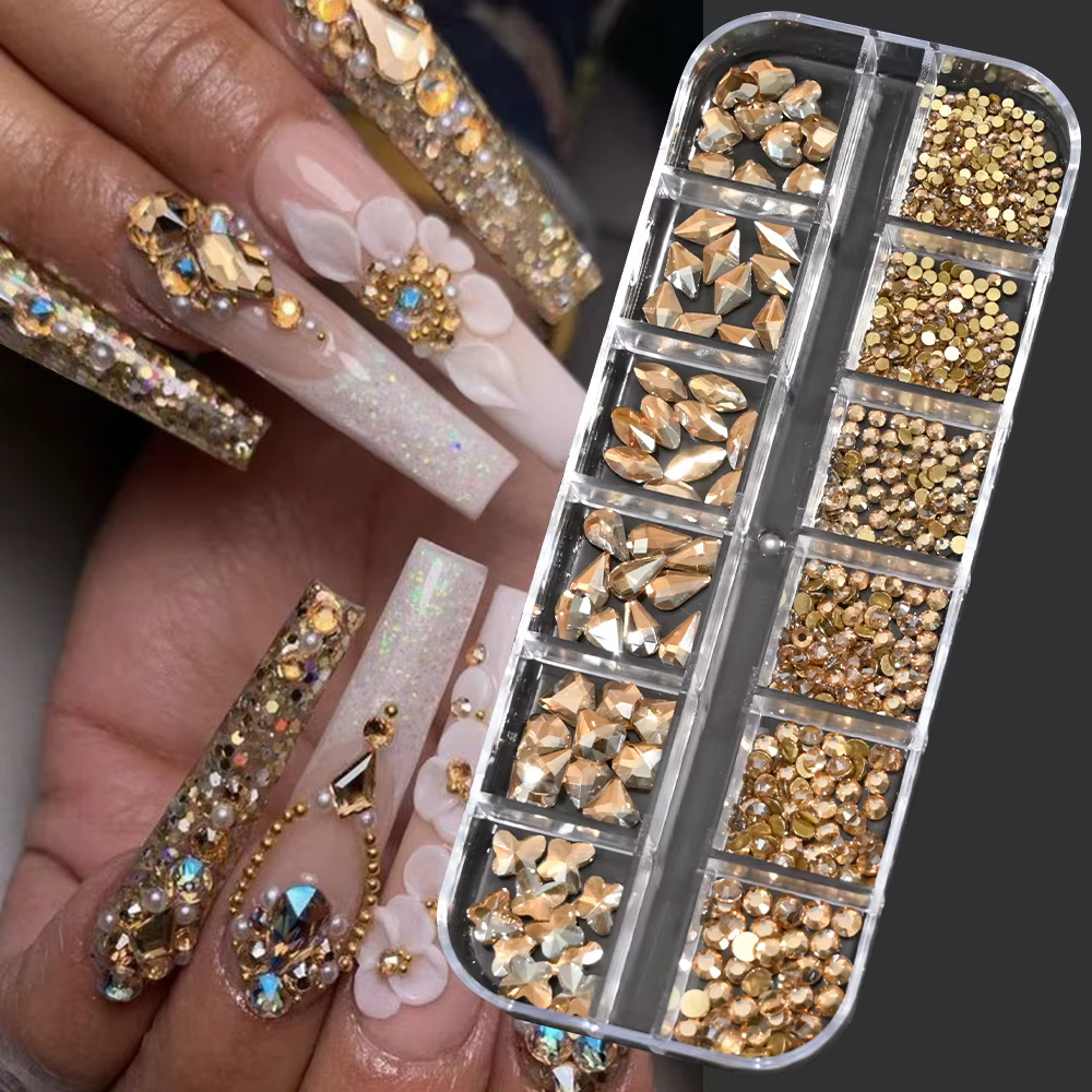 1000 pièces/boîte Champagne or diamant ongles cristal conception mixte ongles paillettes strass Non 